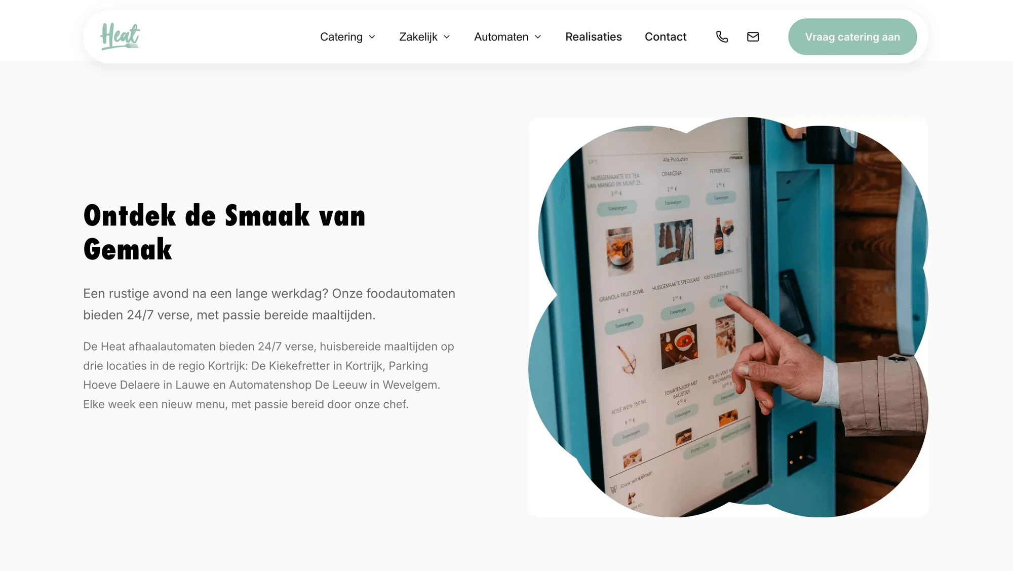 Pagina over de foodautomaten van Heat, met een hand die een maaltijd kiest op het aanraakscherm