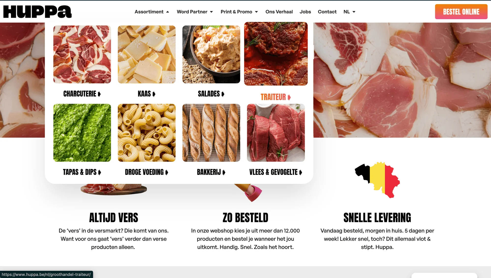 Uitgeklapt assortimentsmenu op de Huppa-website met categorieën zoals charcuterie, kaas, salades en traiteur